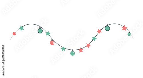 A festive string of decorative lights with red and teal stars and round ornaments on a white background