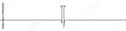 Nail driven into a surface in one line art style. Symbol of strength and fastening with editable black stroke. Vector illustration.