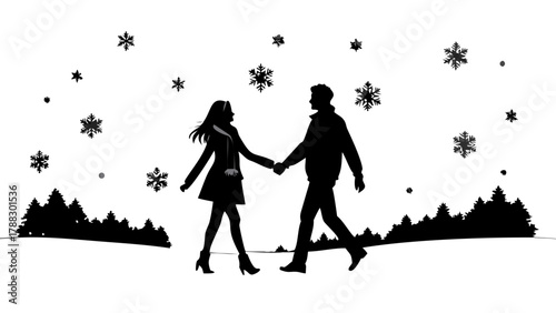 Silhouette of a couple holding hands walking under snowflakes at Christmas night