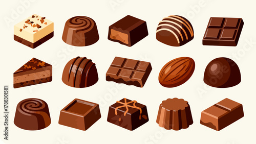 A collection of various chocolates, featuring cartoon hand-drawn vector illustrations, dark chocolate, white chocolate, hazelnut chocolate, filled chocolate, and heart-shaped chocolate