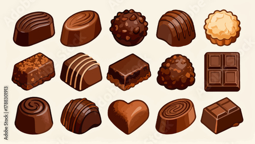 A collection of various chocolates, featuring cartoon hand-drawn vector illustrations, dark chocolate, white chocolate, hazelnut chocolate, filled chocolate, and heart-shaped chocolate