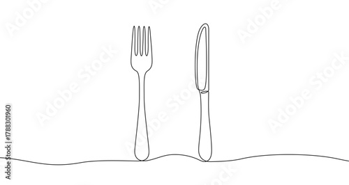 Fork and knife positioned vertically in one line art style. Symbol of dining and cutlery with editable black stroke. Vector illustration.