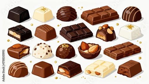A collection of various chocolates, featuring cartoon hand-drawn vector illustrations, dark chocolate, white chocolate, hazelnut chocolate, filled chocolate, and heart-shaped chocolate