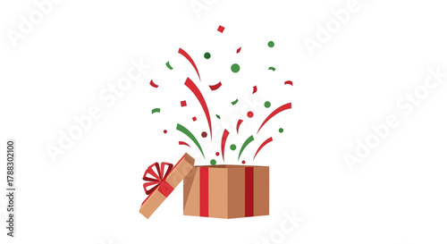 Open gift box with red and green confetti exploding outwards celebrating a surprise or holiday event
