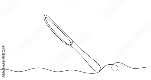 Kitchen or table knife with a blade and handle in one line art style. Drawing of cutlery with editable black stroke on white background. Vector illustration.