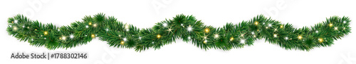 Wavy Christmas garland made of green fir branches with shiny sparkling lights. Perfect festive border for banners, invitations, and cards. Transparent background in vector file.