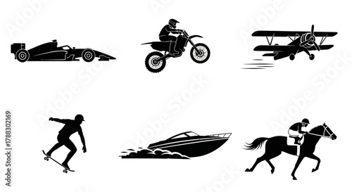 Six black silhouettes depict diverse modes of travel and sporting activities