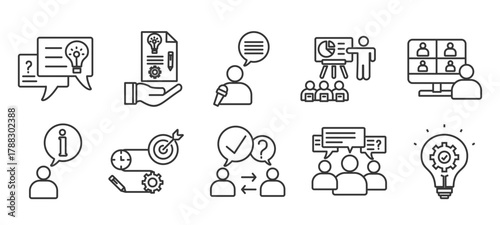 meeting icon set collection in outline style. Icon pack contain meeting, topics, proposal, moderator presentation,  video conference, inform, plan, communication, Discussion,solutions,