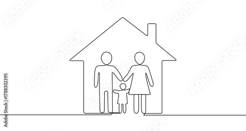 Happy family parents with child in house one line art style. Family drawing with editable black stroke on white background. Vector illustration.