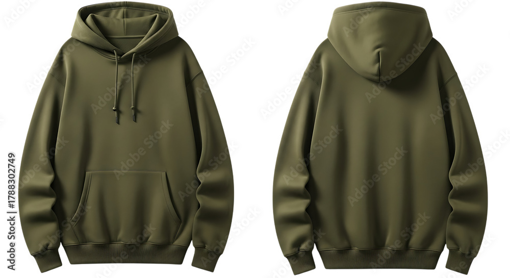 Naklejka premium Khaki green hoodie, front and back views, isolated for design.