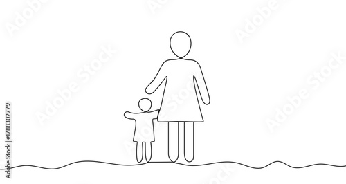 Happy family parents with child in house one line art style. Family drawing with editable black stroke on white background. Vector illustration.