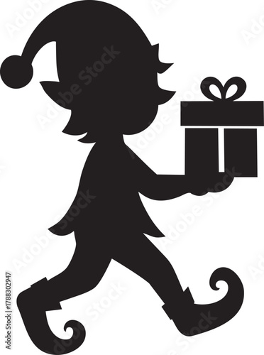 Running Christmas Elf with Gift Box Silhouette Vector