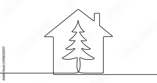 Silhouette of a house with a Christmas tree outline inside, drawn with one continuous line. Symbol of eco-friendly living. Vector illustration.