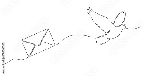 An envelope tied to a flying dove, drawn with one continuous line. Symbol of mail, message delivery, communication, and peace. Vector illustration.