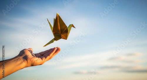 Soaring Creativity: An origami bird takes flight from an outstretched hand against a serene, clear sky, representing freedom and imagination.