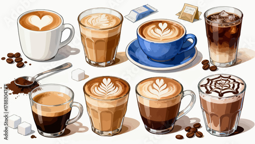 A variety of coffee collections, cartoon hand-drawn vector illustrations, lattes, Americano, mocha, Italian coffee, coffee beans, coffee powder, latte art coffee, coffee POTS