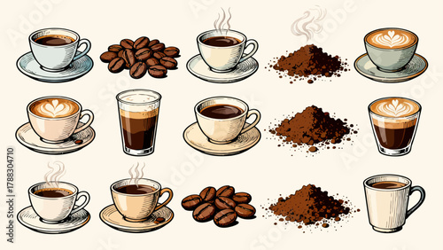 A variety of coffee collections, cartoon hand-drawn vector illustrations, lattes, Americano, mocha, Italian coffee, coffee beans, coffee powder, latte art coffee, coffee POTS