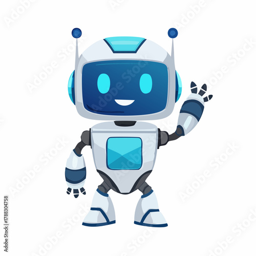 A friendly and cute cartoon robot character with a digital smile waving its hand in greeting on a white background.