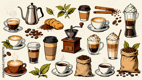 A variety of coffee collections, cartoon hand-drawn vector illustrations, lattes, Americano, mocha, Italian coffee, coffee beans, coffee powder, latte art coffee, coffee POTS