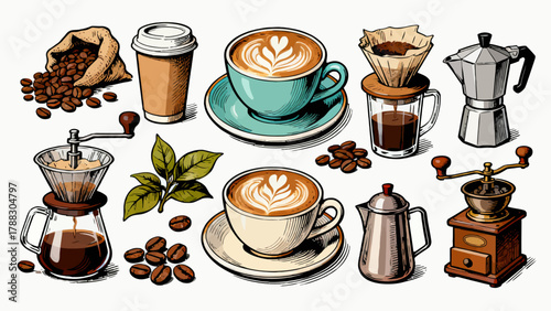 A variety of coffee collections, cartoon hand-drawn vector illustrations, lattes, Americano, mocha, Italian coffee, coffee beans, coffee powder, latte art coffee, coffee POTS