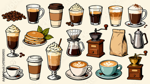 A variety of coffee collections, cartoon hand-drawn vector illustrations, lattes, Americano, mocha, Italian coffee, coffee beans, coffee powder, latte art coffee, coffee POTS