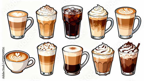 A variety of coffee collections, cartoon hand-drawn vector illustrations, lattes, Americano, mocha, Italian coffee, coffee beans, coffee powder, latte art coffee, coffee POTS