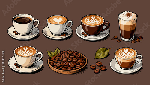 A variety of coffee collections, cartoon hand-drawn vector illustrations, lattes, Americano, mocha, Italian coffee, coffee beans, coffee powder, latte art coffee, coffee POTS