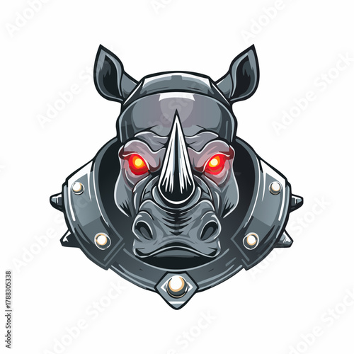 A menacing robotic rhinoceros head with glowing red eyes and metallic armor.