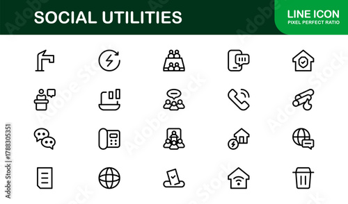 Sleek Social Utilities and Community Services Icon Bundle visualizing Civic Apps, Public Dashboards, and Support Tools
