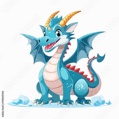 Cartoon ice dragon with golden horns and red spikes on its back.