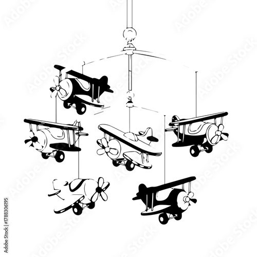 A charming black and white graphic illustration of a baby's nursery mobile with vintage toy biplanes