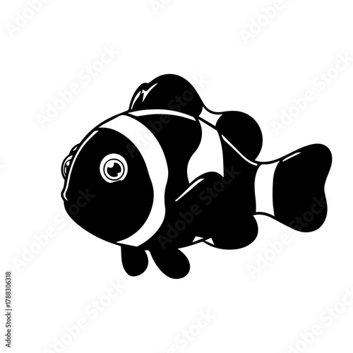 Stylized black and white clownfish illustration, a simple marine life icon on a white background