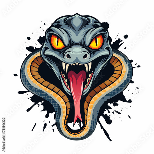 Illustration of a cobra with its hood flared and mouth open, tongue out.