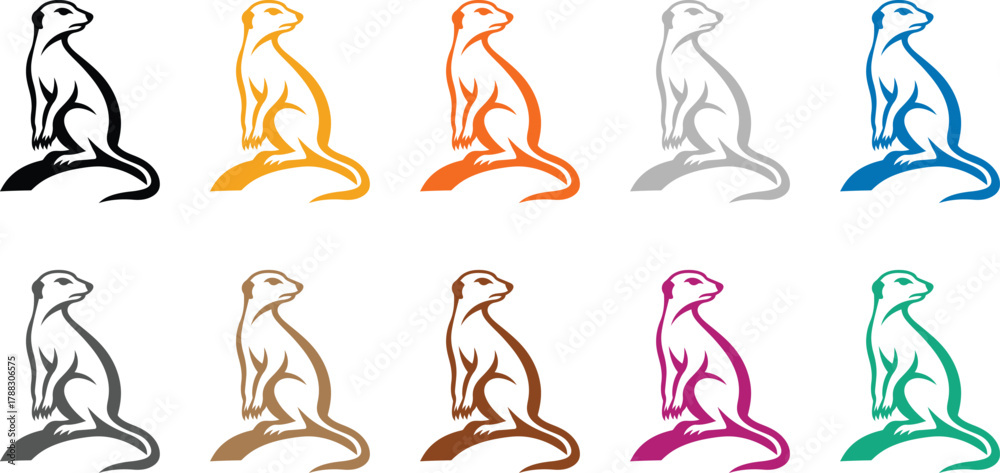 Fototapeta premium Stylized meerkats in different colors standing alert, Colorful standing meerkat illustrations for design use