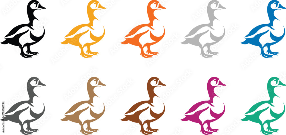 Fototapeta premium Stylized duck collection in ten different colors, Colorful stylized duck illustrations for design projects