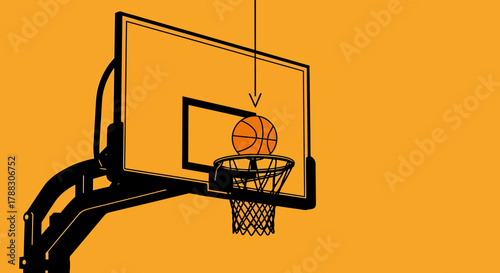 Minimalist vector graphic of a basketball scoring a point. This digital art illustration represents success, achievement, and hitting the target