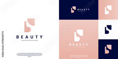Abstract beauty logo with a woman's face, feminine symbol, fashion, natural products, vector graphic template.