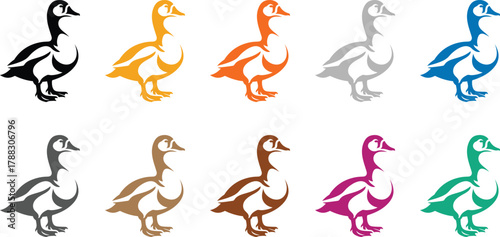 Stylized duck collection in ten different colors, Colorful stylized duck illustrations for design projects