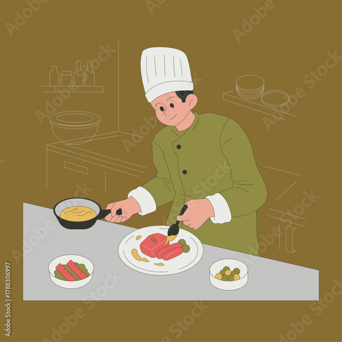 the chef was cooking a food for a dinner.