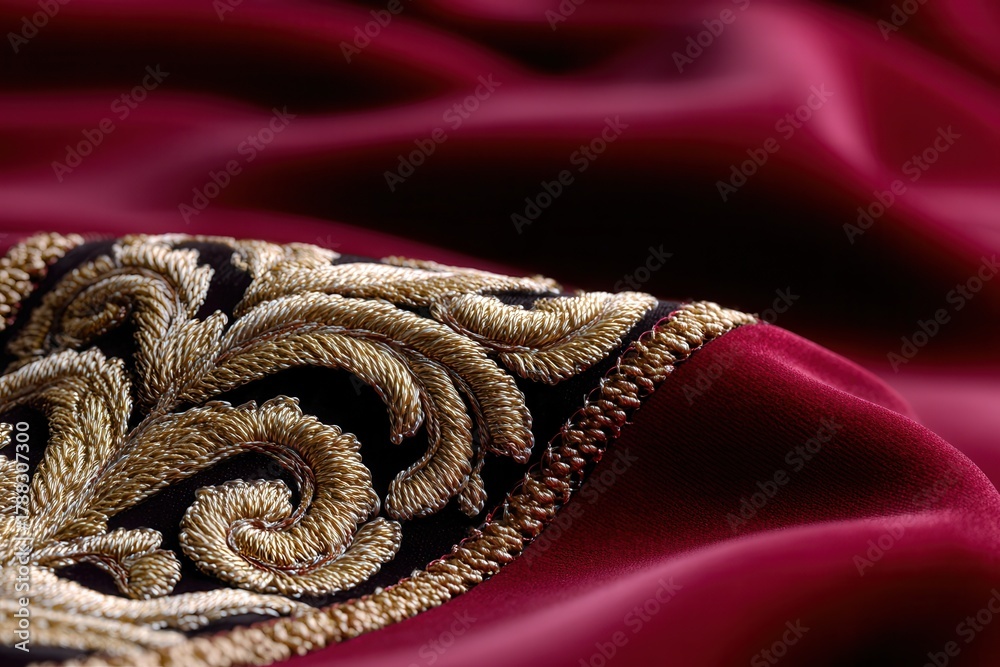 Fototapeta premium Close-up of luxurious embroidered fabric featuring intricate gold patterns on a deep red background, ideal for fashion or interior design.