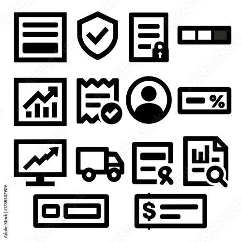 Bold Checkout Icons. Professional Checkout Flow silhouette icon set: structured checkout screen, verified payment icon, secure address form, enterprise progress bar, KPI order