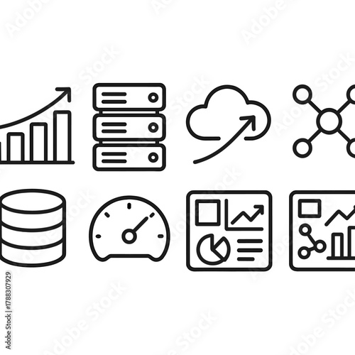 Scalable Data Icons. Data Scalability linear icon set: bar chart, server stack, cloud icon, growth arrow, network nodes, database symbol, performance gauge, analytics dashboard.