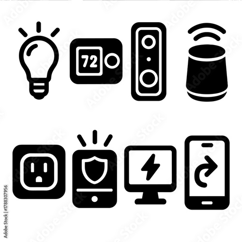 Brutalist Smart Home Icons. Connected Home silhouette icon set: smart light bulb, thermostat, door camera, voice assistant, smart plug, security alarm, energy monitor, phone