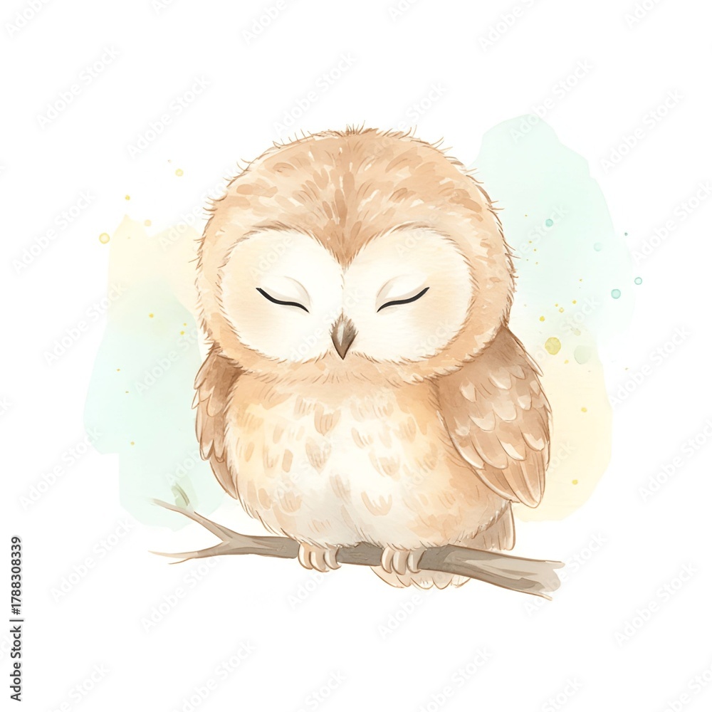Fototapeta premium Peaceful owl sleeping on branch, soft pastel watercolor illustration
