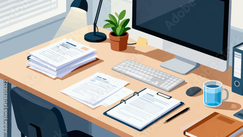 Business desk collection, cartoon hand-drawn vector illustrations, business work scenarios: computers, chairs, documents, stationery, desks