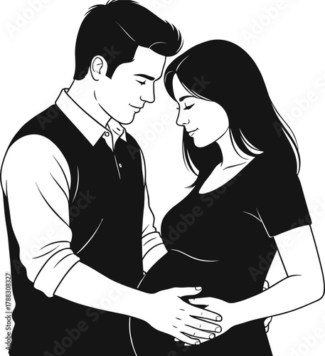 Loving couple expecting baby, man gently touching pregnant woman’s belly, family affection, parenthood love, romantic relationship, maternity vector illustration for emotional pregnancy concept