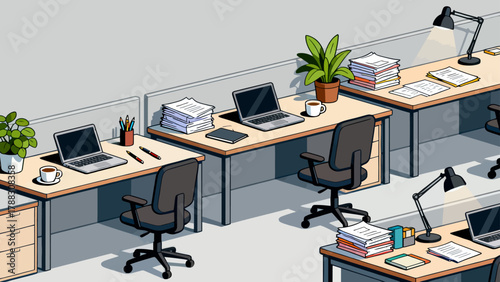 Business desk collection, cartoon hand-drawn vector illustrations, business work scenarios: computers, chairs, documents, stationery, desks