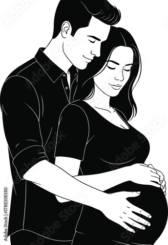 Loving husband gently embracing pregnant wife, showing family affection, parenthood bond, romantic relationship, caring couple expecting baby, maternity and love vector illustration design