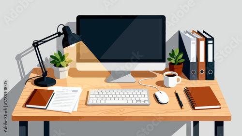 Business desk collection, cartoon hand-drawn vector illustrations, business work scenarios: computers, chairs, documents, stationery, desks