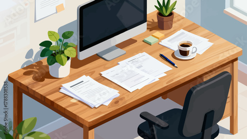 Business desk collection, cartoon hand-drawn vector illustrations, business work scenarios: computers, chairs, documents, stationery, desks